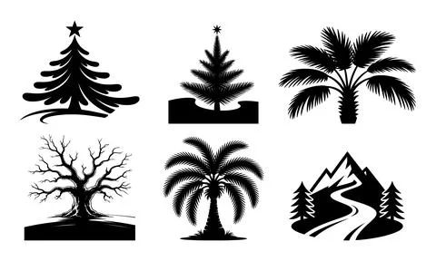 Black silhouettes of various trees and landscapes palm tree Christmas tree. Stock Illustration