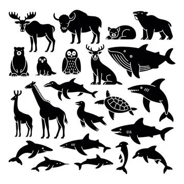 Black silhouettes of various wild animals on white background Stock Illustration