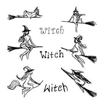 Black silhouettes with witches. set of attributes Stock Illustration