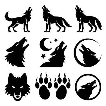 Black silhouettes of wolves howling under the moon and paw prints Stock Illustration