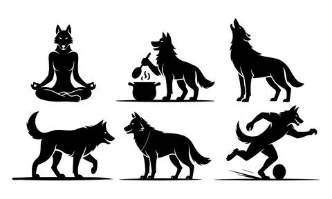 Black silhouettes of wolves in various poses and activities wolf white back. Illustrazione stock