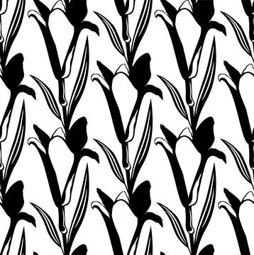 Black simple lily pattern. Seamless black white flower pattern. Vector Stock Illustration