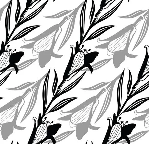 Black simple lily pattern. Seamless black white flower pattern. Vector Stock Illustration