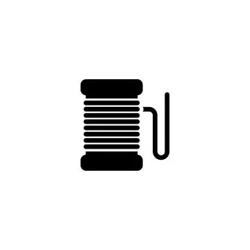 Black, simple, modern vector icon of a thread spool with needle, perfect for  Stock Illustration