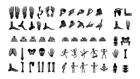 Black skeleton icons and bone piles set for spooky halloween graphics and a.. Stock-Illustration