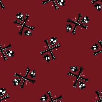 Black skeleton skulls and bones seamless pattern. Dark red blood background.  Stock Illustration