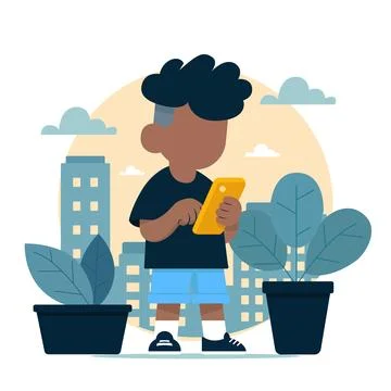 Black Skin Boy Using Smartphone, Outdoor, Cityscape, Flat Design Stock Illustration