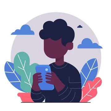 Black skin Man Using Smartphone, Outdoor, Plants, Flat Design Stock Illustration
