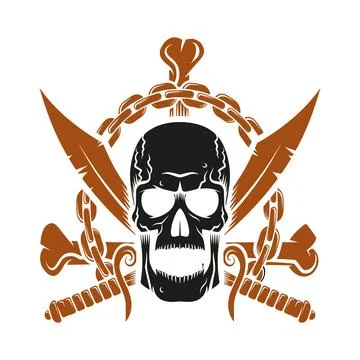 Black Skull with Brown Stylized Feathers Chains and Bones Graphic Design vect Stock-Illustration