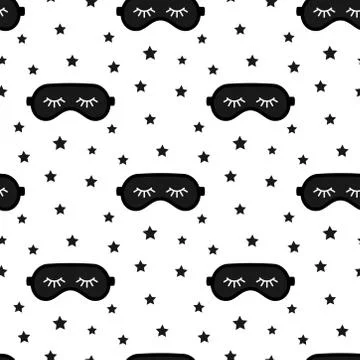 Black sleep mask vector seamless pattern isolated on white background. Stock Illustration