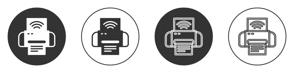 Black Smart printer system icon isolated on white background. Internet of things Illustrazione stock