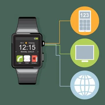 A black smart watch with time, calls, mail, contacts, battery. Stock Illustration