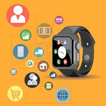 A black smart watch with time, calls, mail, contacts, battery and weather. Stock Illustration