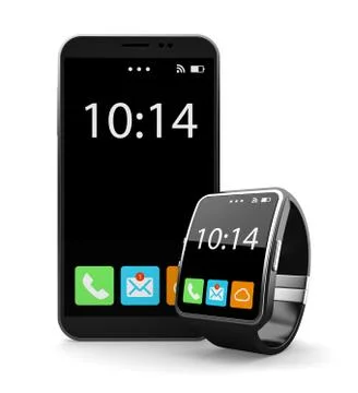 Black smartohone and smart watch on white background Stock Illustration