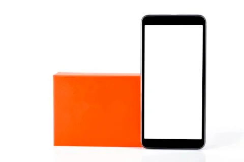 A black smartphone with blank screen with its box and isolated Stock Photos
