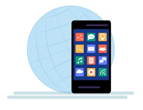 Black Smartphone with cloud of application icons Isolated on white background Stock Illustration