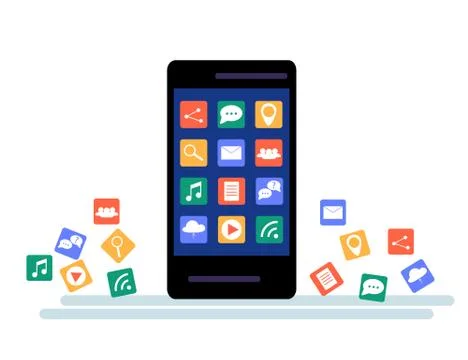 Black Smartphone with cloud of application icons and Apps icons flying around Stock Illustration