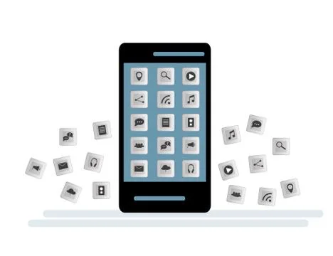 Black Smartphone with cloud of application icons and Apps icons flying around Illustrazione stock