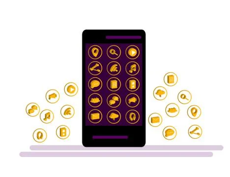 Black Smartphone with cloud of application icons and Apps icons flying around Stock Illustration