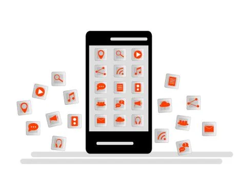 Black Smartphone with cloud of application icons and Apps icons flying around Stock Illustration