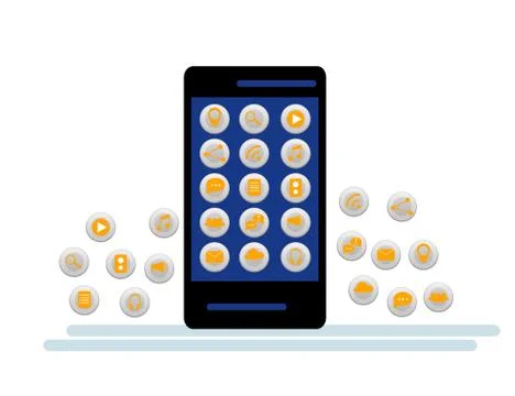 Black Smartphone with cloud of application icons and Apps icons flying around Illustrazione stock