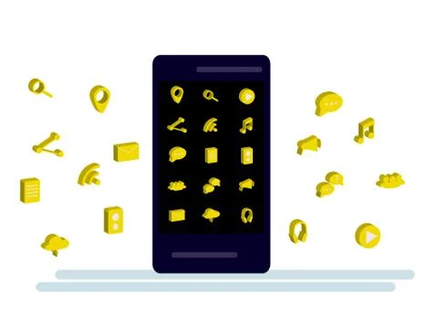 Black Smartphone with cloud of application icons and Apps icons flying around Stock Illustration