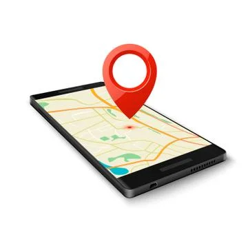 Black smartphone with map gps navigation application with pin point to curren Stock Illustration