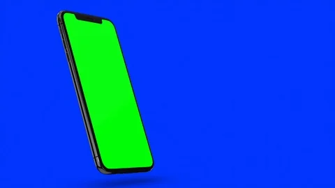 Black smartphone turns on on blue background. Easy customizable green screen Stock Footage 108720239