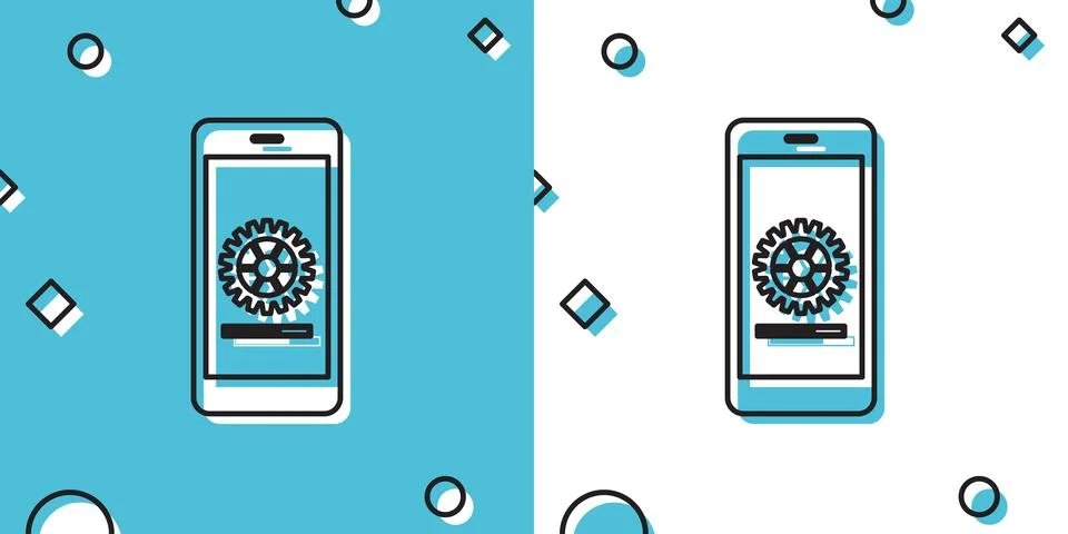Black Smartphone update process with gearbox progress and loading bar icon Illustrazione stock