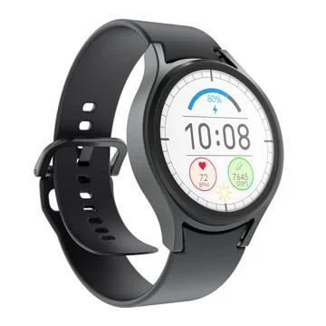 Black smartwatch displaying battery level, time, heart rate and step count,.. Stock Illustration