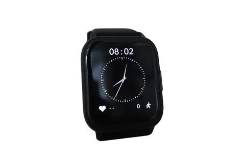 A black smartwatch with a rectangular touchscreen displaying a digital cloc.. Stock Photos