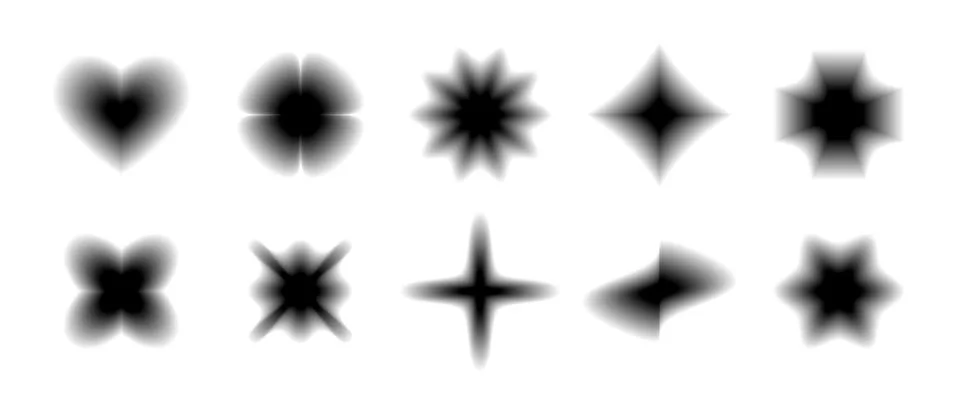 Black smooth blurred gradient form set. Grunge blurry aura shape collection Illustrazione stock