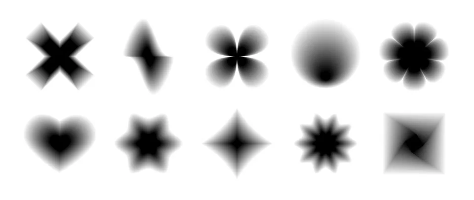 Black smooth blurred gradient form set. Grunge blurry aura shape collection Illustrazione stock