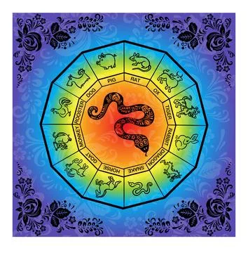 Black snake, python with floral rainbow painting, vector Stock Illustration