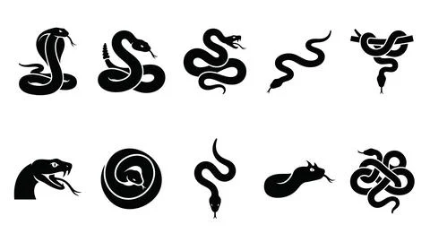 Black snake silhouette icon set displaying various species and coiled movem.. Stock Illustration