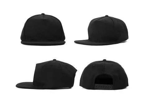Black snapback caps mockup on a clean background, front and back side. Stock Photos