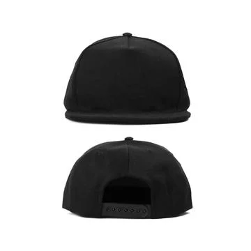 Black snapback caps mockup on a clean background, front and back side. Foto stock