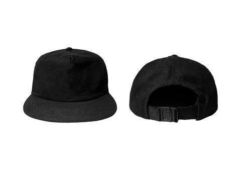 Black snapback caps mockup on a clean background, front and back side. Foto stock