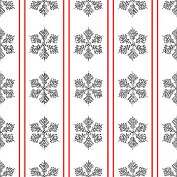 Black snowflake seamless pattern on striped background. Vector illustration.  Illustrazione stock