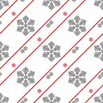 Black snowflake seamless pattern on striped background. Vector illustration.  스톡 일러스트