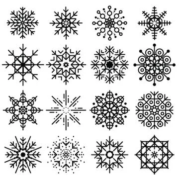 Black snowflakes big set of different variations on white background. Thin li Stock-Illustration