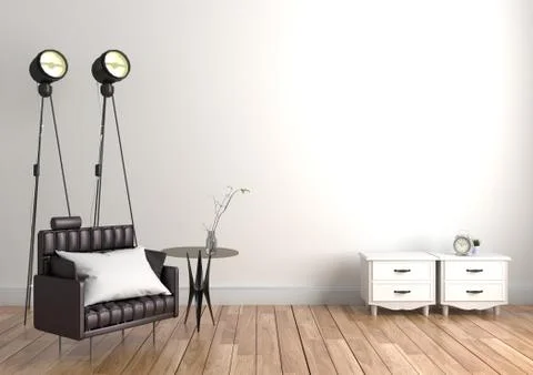 Black sofa and table glass - empty room interior in minimalist style. 3D rend Illustrazione stock
