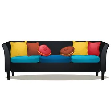 Black sofa with colored soft pillows isolated on white background. Vector Stock Illustration