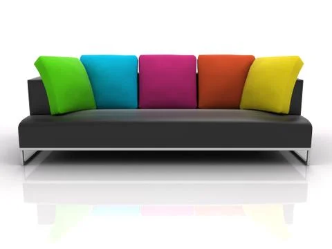 Black sofa with colour pillows on white background Stock Illustration