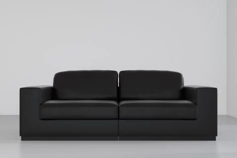 Black sofa in an empty room on gray walls. 3d rendering. Illustrazione stock