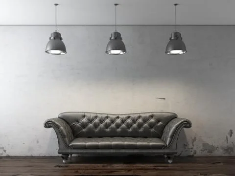 Black sofa in front of grunge wall 库存插图
