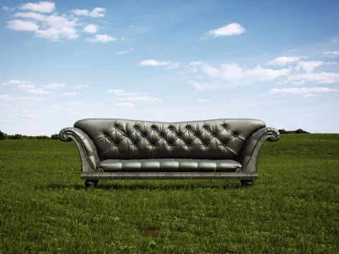 Black sofa on a green meadow Иллюстрация