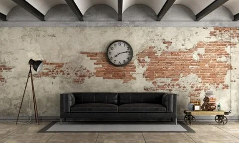 Black sofa in a grunge room Stock Illustration