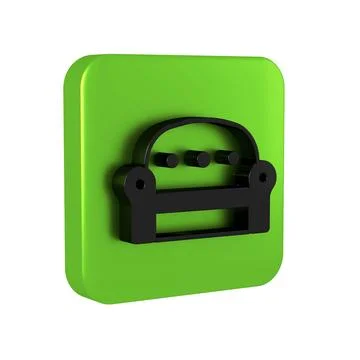 Black Sofa icon isolated on transparent background. Green square button. Illustrazione stock