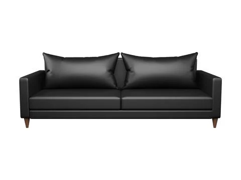 Black sofa with pillows 3d renderings isolated on white background Stock Photos